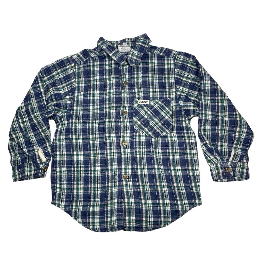 Vintage 90s GUESS Boys Flannel Plaid Shirt LS Buttons Logo USA Boys Size XL